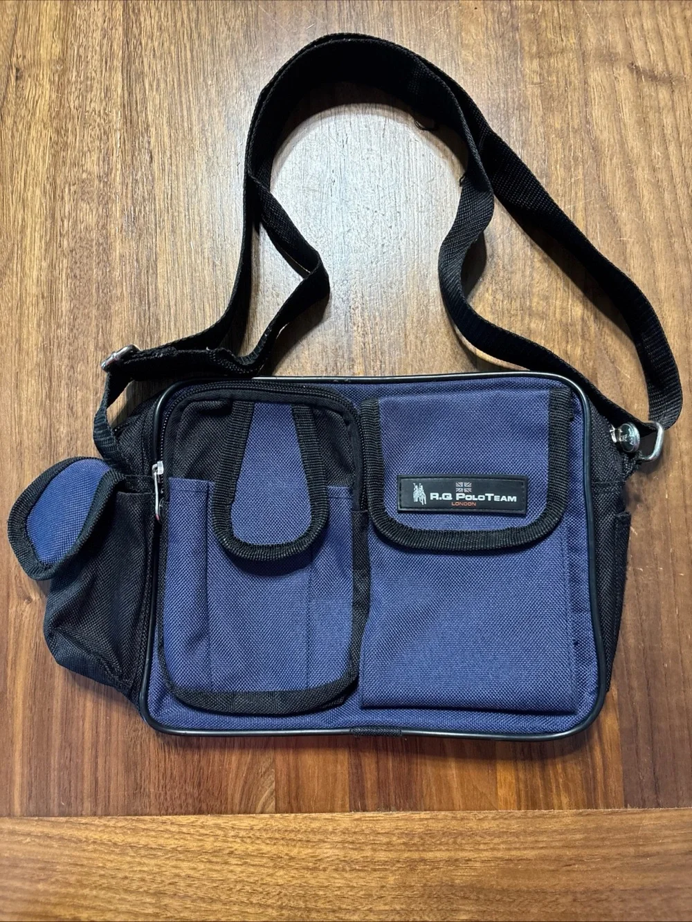 Vintage R.Q. PoloTeam London Blue Canvas Leather Trim Small Messenger Bag